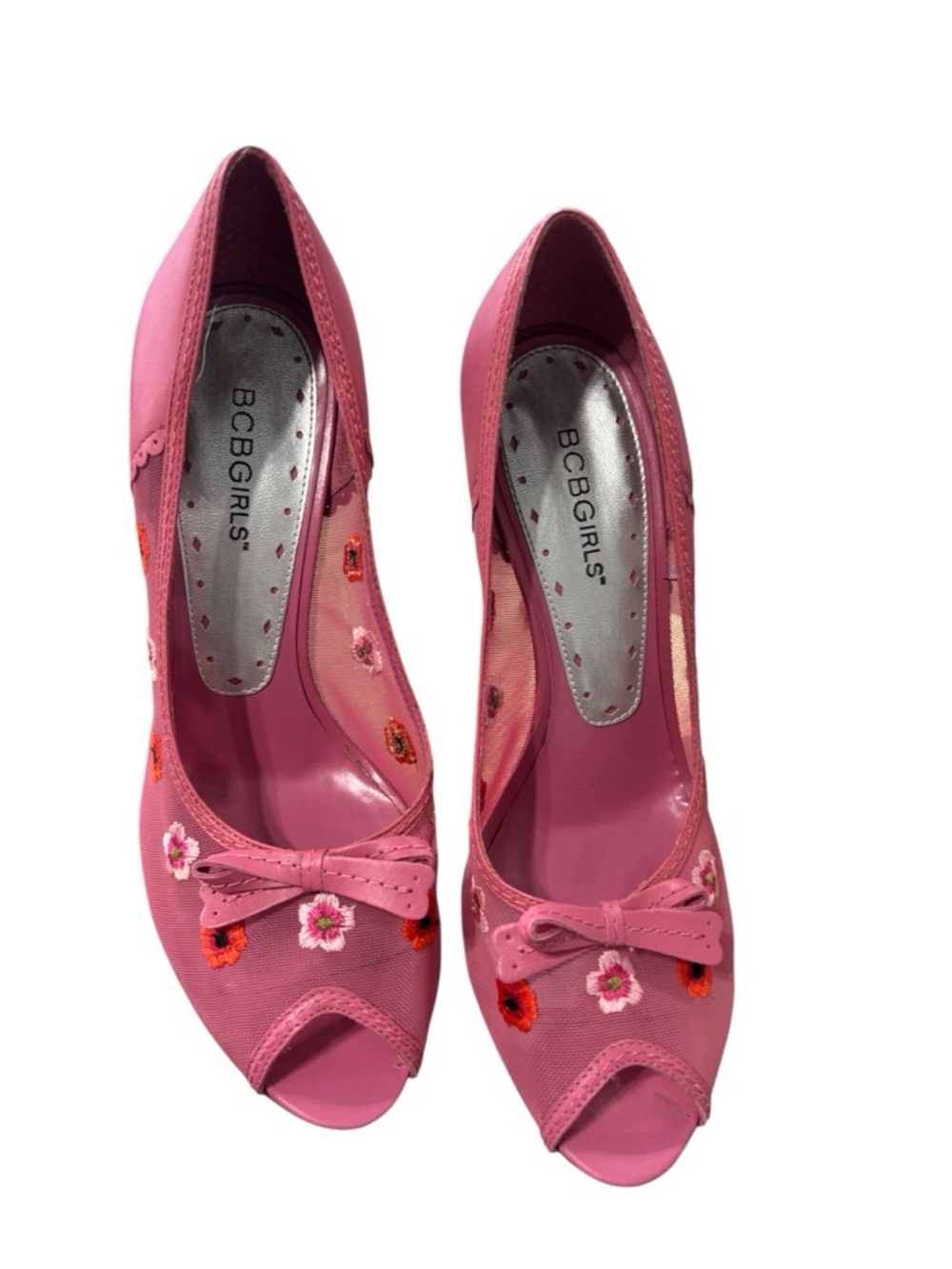 BCBGirls Pink Floral Peep-Toe Heels with Bow Detail